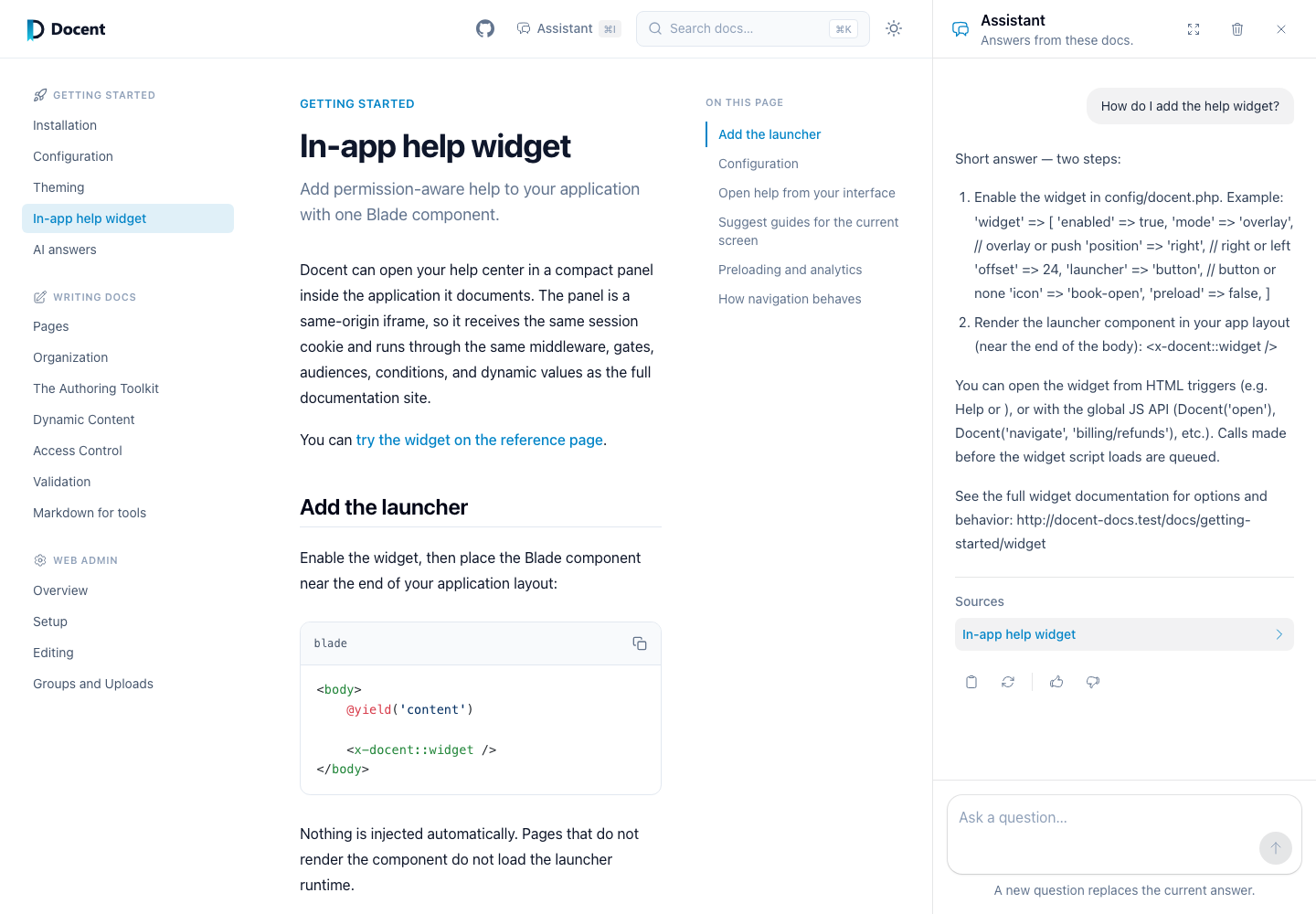 A documentation page with the Assistant panel open beside it